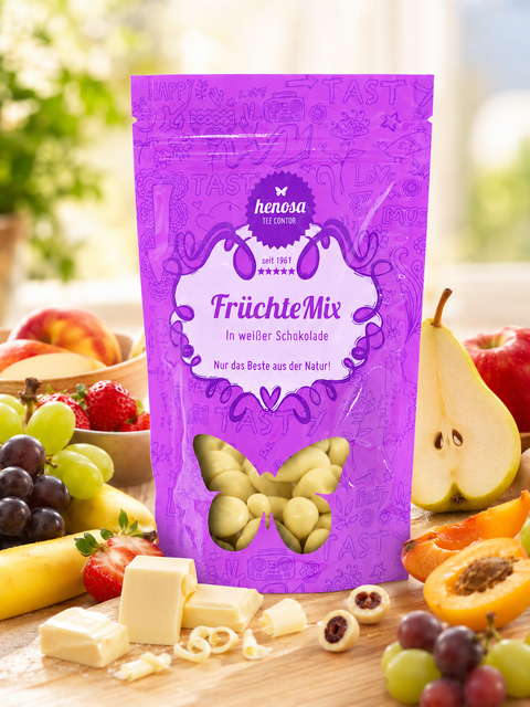 Früchtemischung in weißer Schokolade