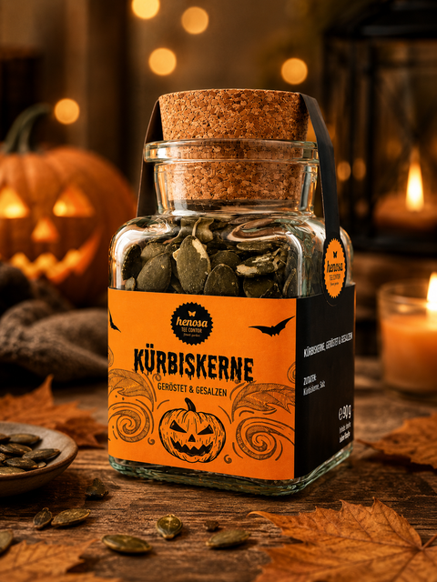 Halloween Kürbiskerne im Korkenglas